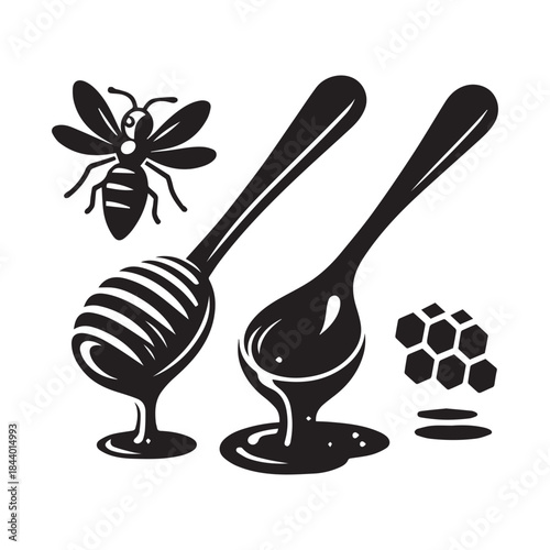 Honey Drizzle Dipper and Bee Silhouette Vector for Branding & Packaging