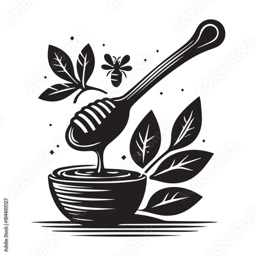 Honey Drizzle Dipper and Bee Silhouette Vector for Branding & Packaging