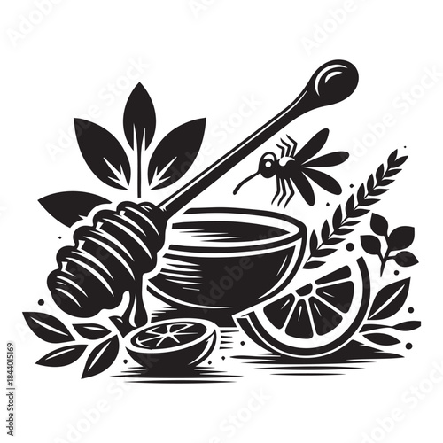 Honey Drizzle Dipper and Bee Silhouette Vector for Branding & Packaging