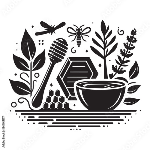 Honey Drizzle Dipper and Bee Silhouette Vector for Branding & Packaging