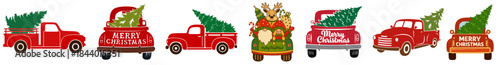Christmas Tree Delivery Trucks Set — Holiday Pickup Vehicles Carrying Fir Trees from Farm and Tree Market