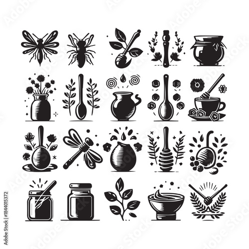 Honey Dipper with Dripping Honey and Bee Vector Illustration