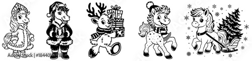 2026 Year of the Horse New Year Characters Set — Winter Horses, Lucky Horseshoe, Sleigh, Gifts, Snowflakes and Holiday Tree Illustrations