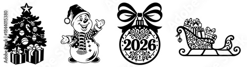 Christmas New Year Bundle: Tree, Snowman, 2026 Ornament, Sleigh with Gifts Holiday Set