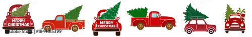 Christmas Tree Delivery Trucks Set — Holiday Pickup Cars Transporting Fir Trees from Christmas Tree Farm and Market