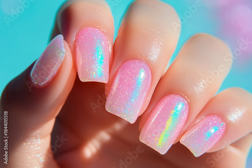 Shimmering pink nails sparkle under bright sunlight