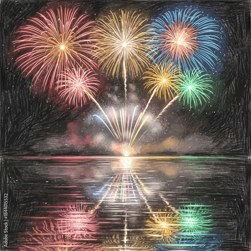 Spectacular fireworks display lighting up the night sky over a body of water celebrating a festive