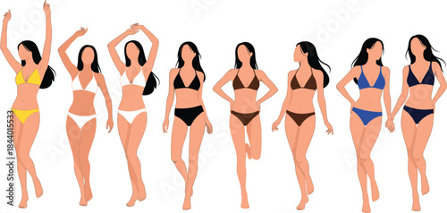 Stylized bikini girls, fashion poses, vector illustration, colorful swimwear, female models, summer beachwear, character design, beauty art, flat style