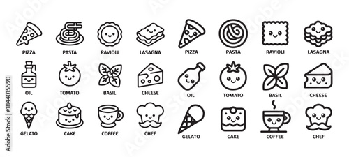 Set of cute Italian food and drink icons perfect for restaurant menus and culinary designs