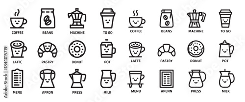 Delicious coffee and breakfast items collection pixel perfect outline icon set includes beans machine cup