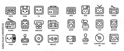 Retro media and old electronics line art icon set with cute faces for nostalgic designs