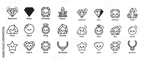 Kawaii gemstones and jewelry doodle icon set with cute faces for children designs and games