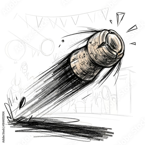 Dynamic cartoon illustration of a falling or flying boulder with motion lines and celebration