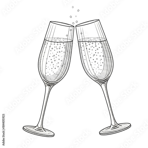 Elegant illustration of two champagne flutes clinking in celebration with bubbles rising inside