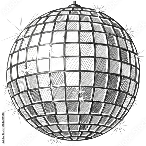 Hand-drawn sketch of a spherical disco ball with reflective squares and sparkling highlights