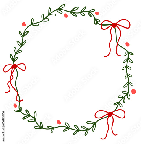 Christmas round wreath frame with greenery red bows and berries