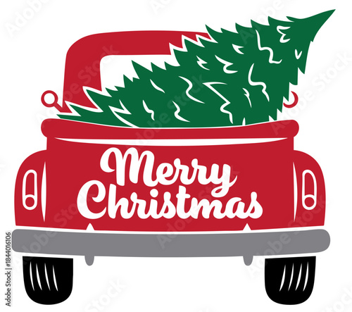 Christmas Tree Delivery Truck Rear View with Merry Christmas Holiday Sign