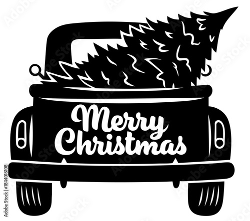 Merry Christmas Pickup with Christmas Tree — Holiday Tree Delivery Truck