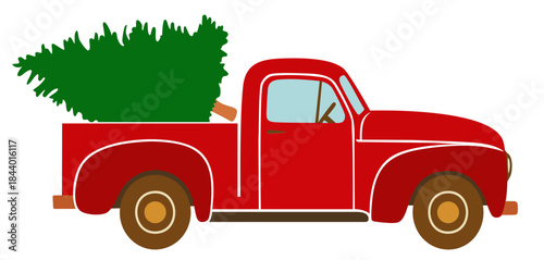 Vintage Red Pickup Truck Carrying Christmas Tree from Holiday Tree Farm