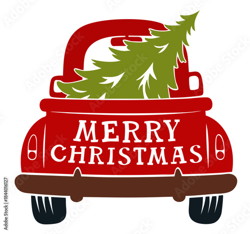 Rear View Christmas Tree Delivery Truck with Merry Christmas Typography