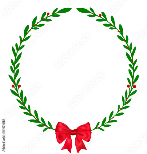 Christmas round wreath frame with laurel leaves and red ribbon bow