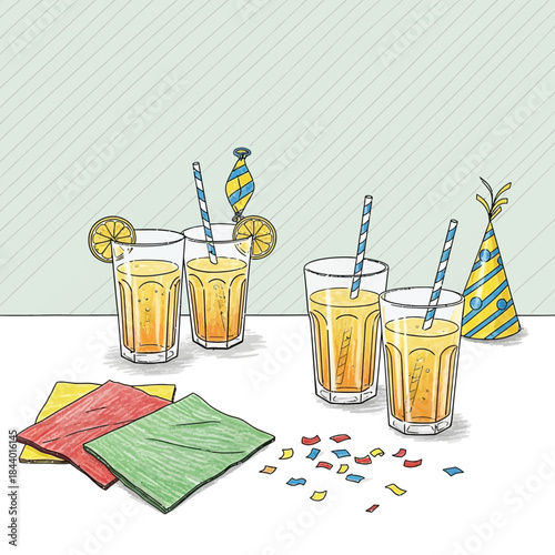 Party Celebration with Drinks, Hats, Balloons, and Confetti on a White Tabletop