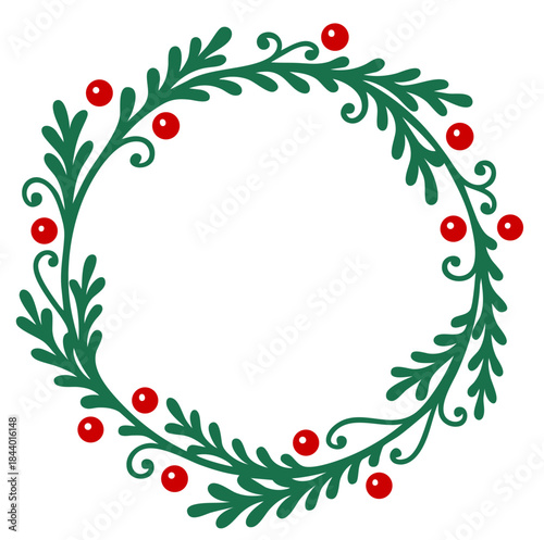 Christmas wreath round frame with green branches and red holly berries