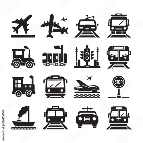 Transportation Icons Set – Car, Bus, Train, Truck & Airplane Vector