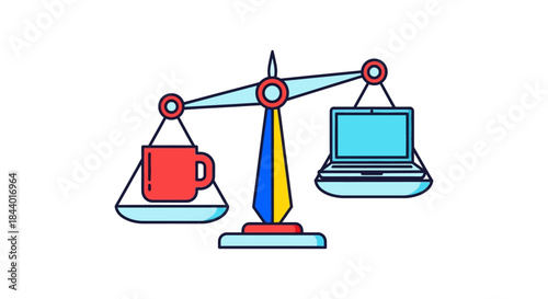 work-life balance a coffee mug and a laptop on a scale symbolizing the equilibrium between work and personal life.