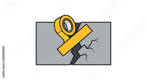 yellow tape roll and a strip patching a deep crack in a grey wall illustrating a temporary repair quick fix or an inadequate solution.