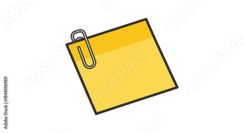 yellow sticky note with paperclip isolated on white background simple office stationery icon for reminder memo and productivity design