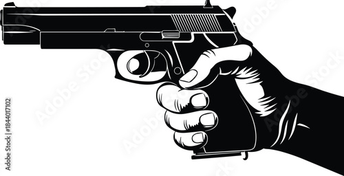Black and white vector illustration of hand holding pistol, firearm grip, trigger control, weapon safety, gun detail, bold graphic style