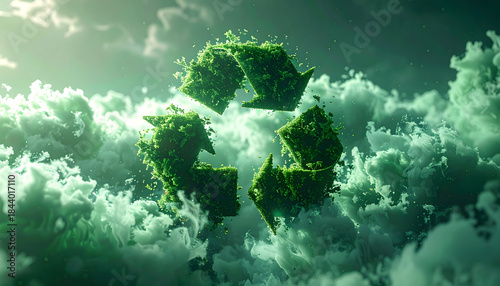 Floating Green Recycle Symbol Formed From Foliage In Clouds.