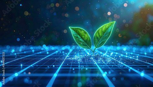 Green Seedling Growing on Digital Futuristic Grid.
