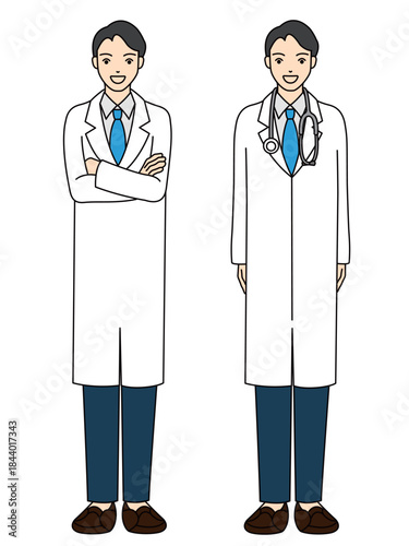 Full body illustration of two confident male doctors in lab coat with crossed arms and stethoscope