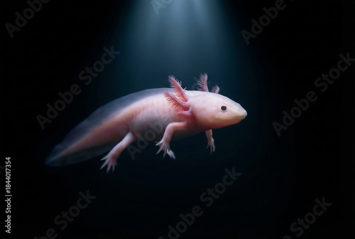 Pink Axolotl Amphibian Floating Underwater On Black Background