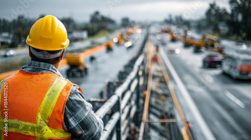 Road construction worker wearing an orange safety vest and yellow helmet overlooking highway traffic and construction site