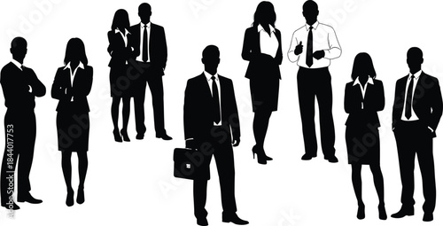 Business people silhouette group in formal wear, corporate professionals standing together, teamwork leadership concept, black vector illustration isolated on white background