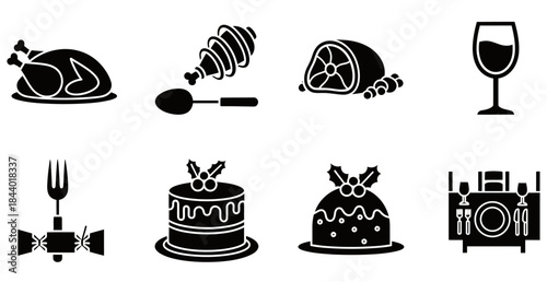 Christmas Dinner Food Vector Icons Set