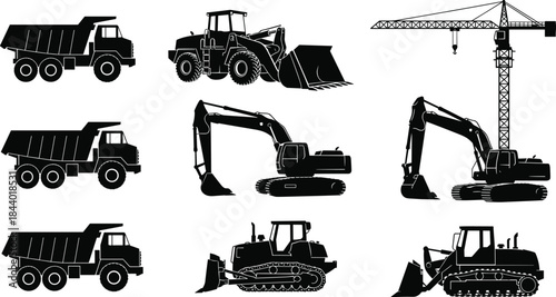 Construction machinery silhouettes set with dump trucks, excavators, bulldozers and tower crane, heavy industrial equipment collection vector illustration design
