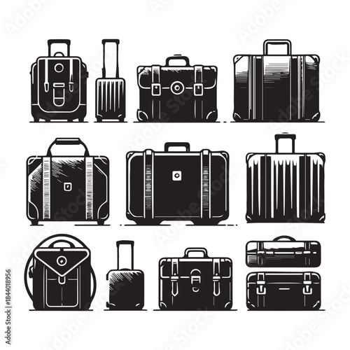 Travel Luggage and Suitcase Icon Set – Black Vector Collection