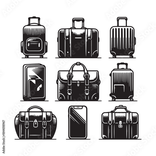 Travel Luggage and Suitcase Icon Set – Black Vector Collection