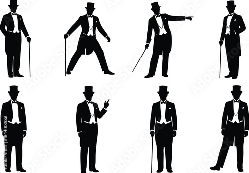 Elegant gentleman silhouettes set wearing top hat and tuxedo, vintage male poses with cane, classic Victorian style vector illustration isolated black design