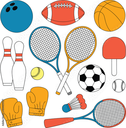 Colorful sports equipment and gear bowling football