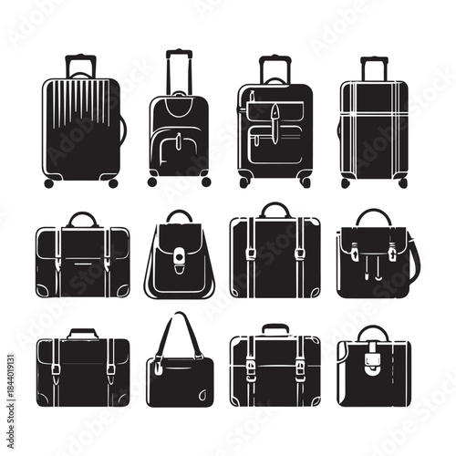 Black Suitcase Icons Pack – Travel Bag Vector Illustration