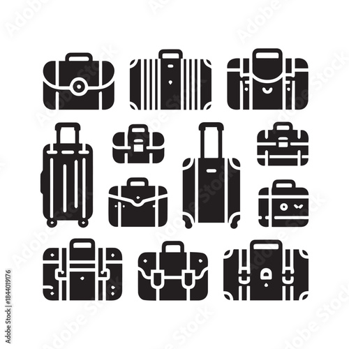 Black Suitcase Icons Pack – Travel Bag Vector Illustration