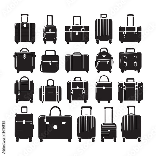 Black Suitcase Icons Pack – Travel Bag Vector Illustration