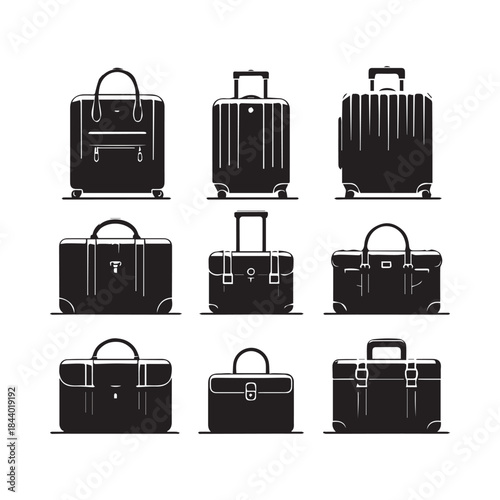 Black Suitcase Icons Pack – Travel Bag Vector Illustration