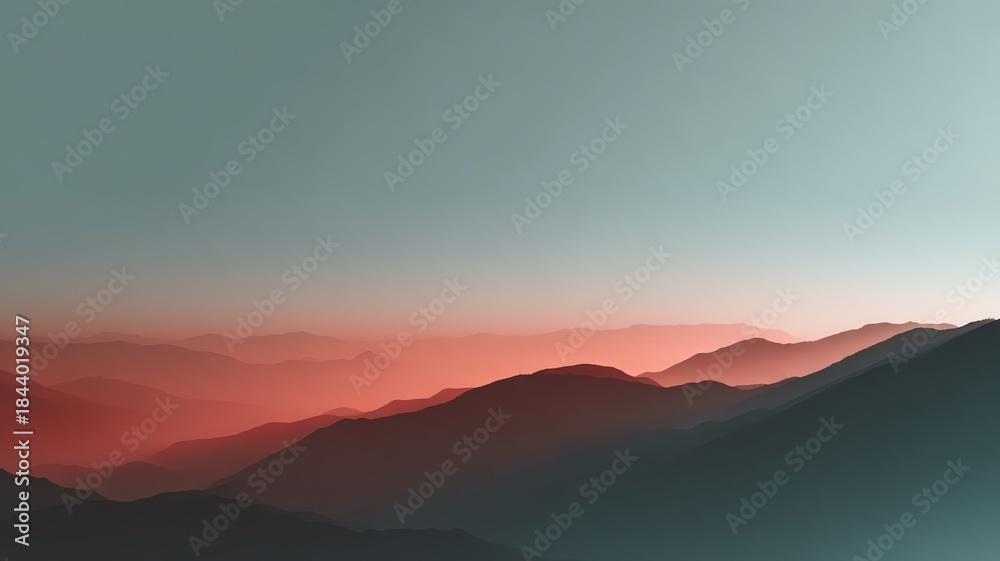 Obraz premium Misty mountain landscape with layers of bluish and reddish hues. Silhouetted mountain ridges create a soft gradient effect, transitioning from deeper blue in the foreground to lighter pinkish-red