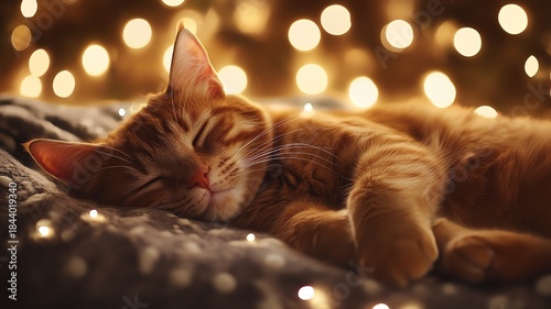 Ginger cat sleeping peacefully on a soft, gray blanket. The cat's fur is rich orange with subtle stripes. Its front paws are relaxed, and the eyes are closed in comfort, warm background of lights